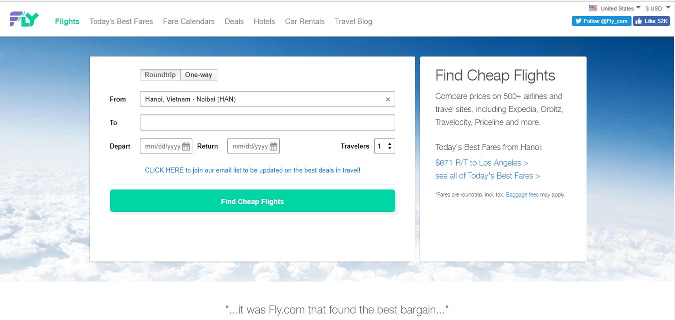 Giao diện trang tìm vé máy bay giá rẻ Fly.com